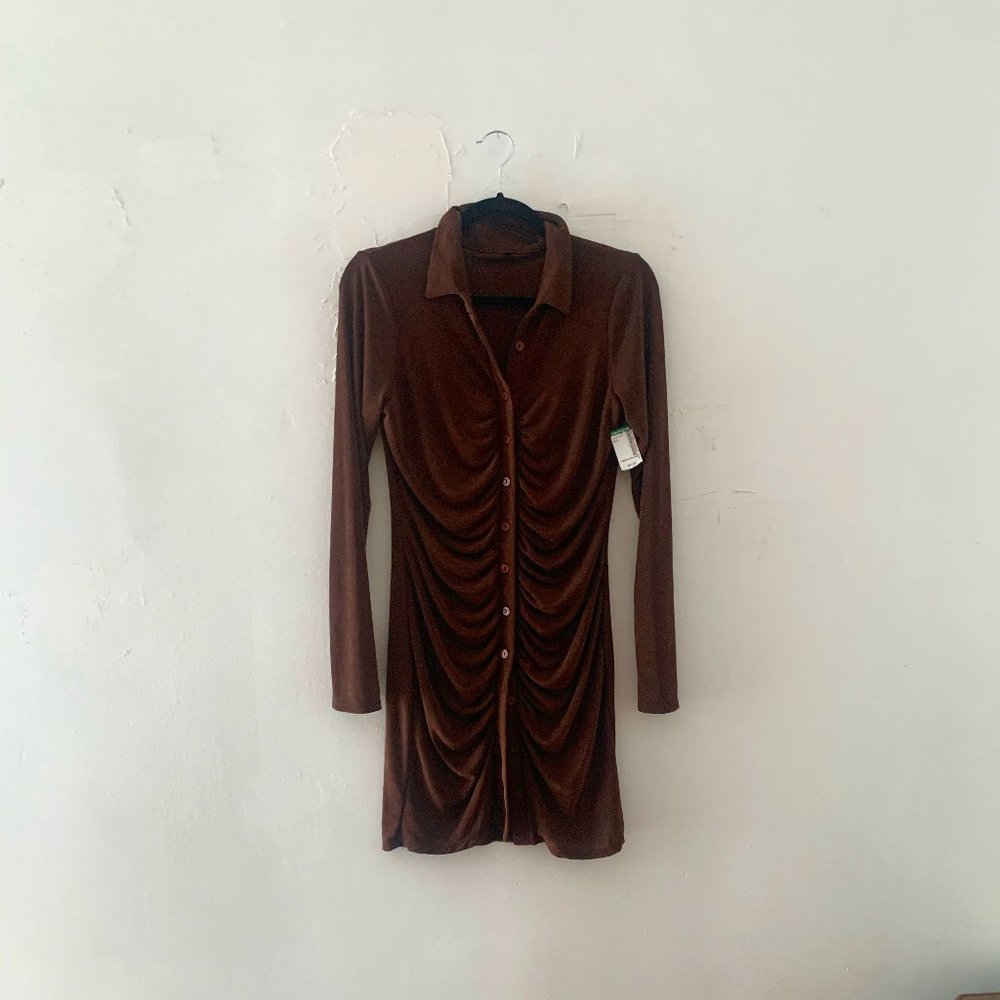 Brown Long Sleeve Stretch Dress